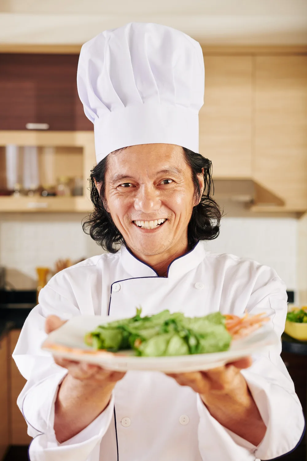 Illustrative portrait of a chef holding a plate of salad